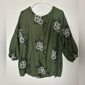 Kindred Olive Floral Embroidered Blouse 2X